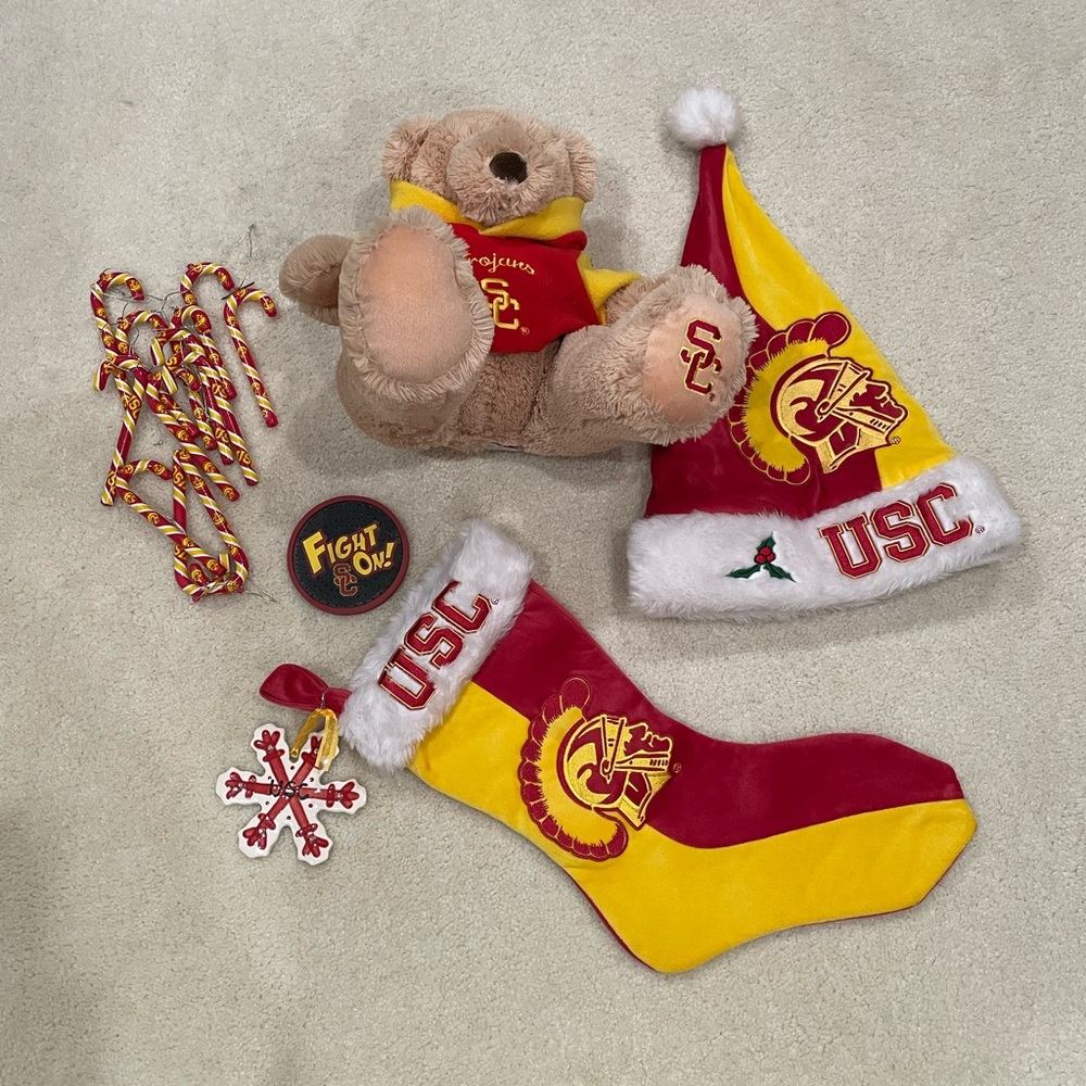 USC Holiday LOT  - Christmas stocking, alumni bear, christmas hat and usc cane